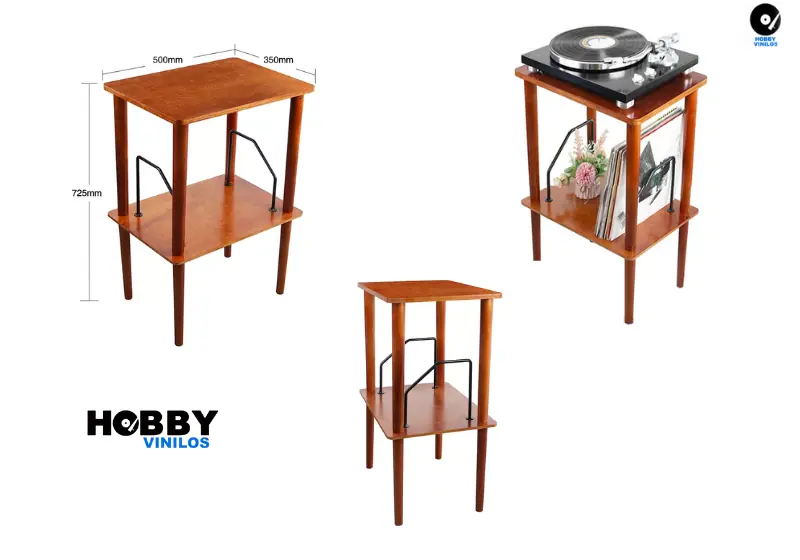 Mesa de madera para bandeja de vinilo y discos de vinilo