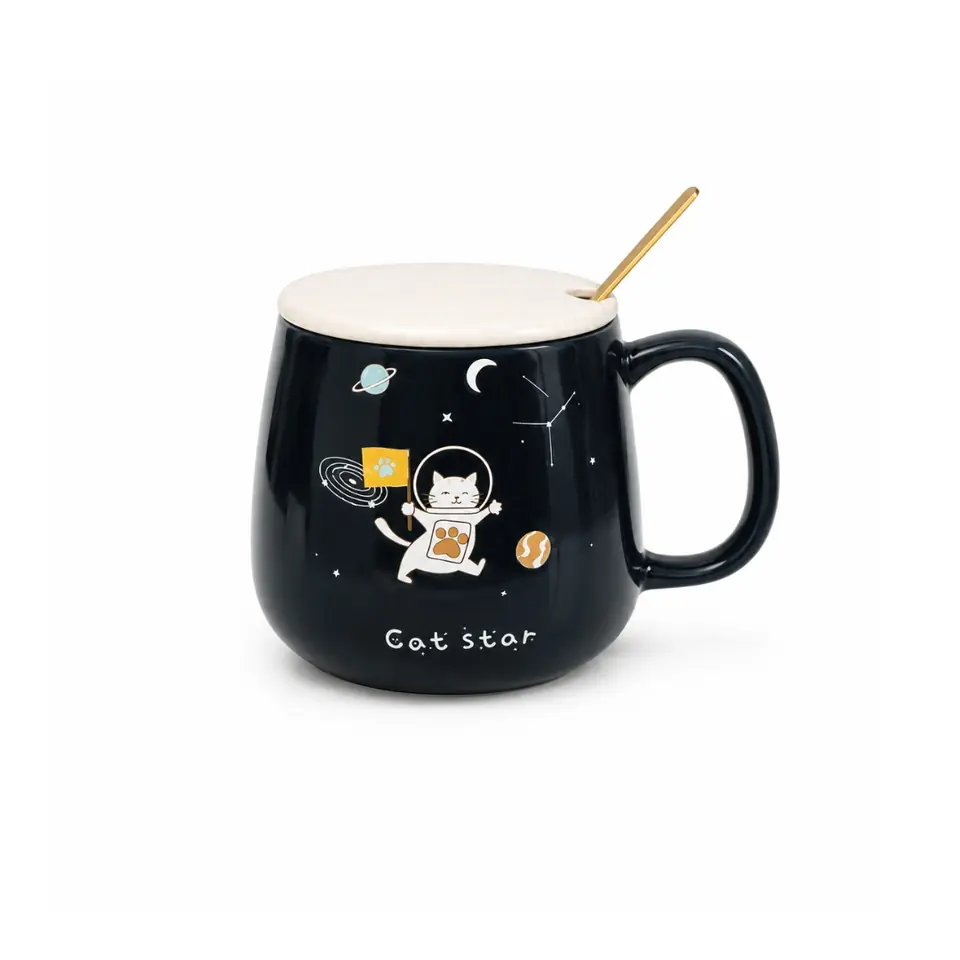 Taza de cerámica con tapa y cucharita