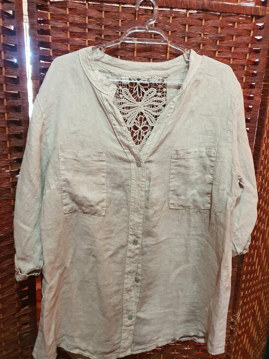 Camisa Italiana puro lino con encaje y lentejuelas