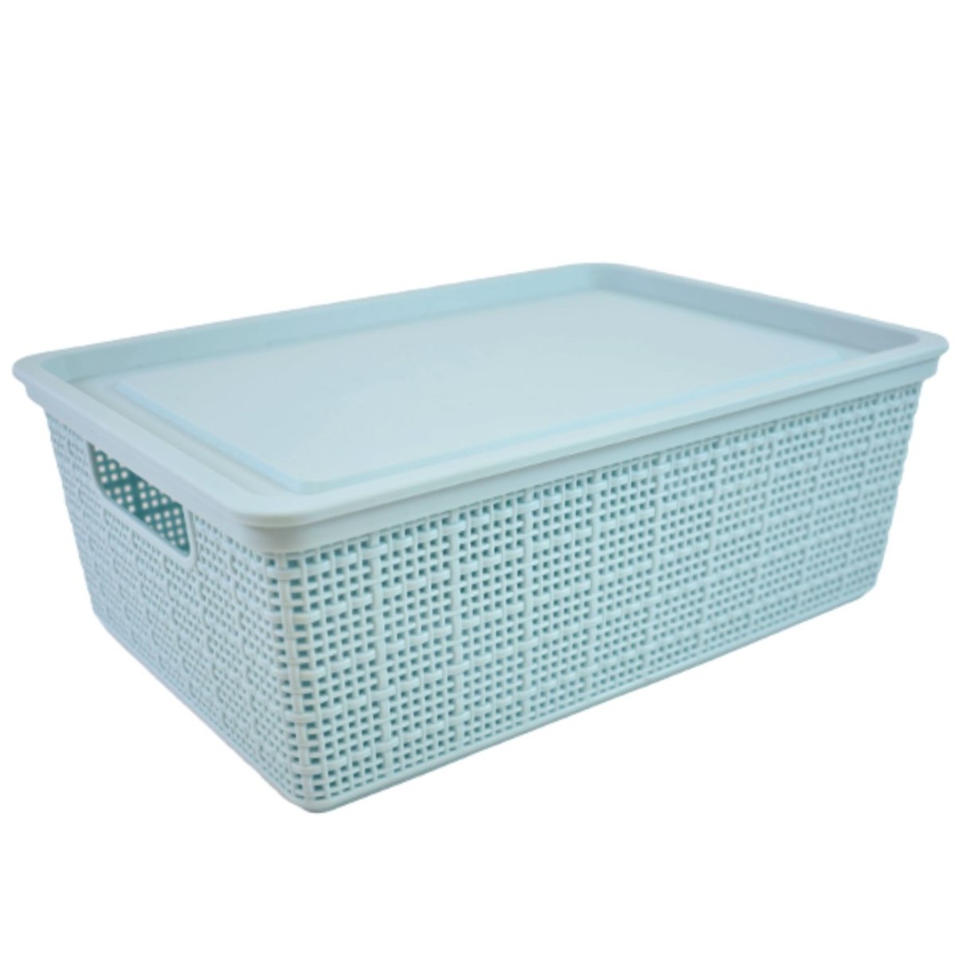 CAJA PLÁSTICA CON TAPA 35X24.5X10CM. CELESTE