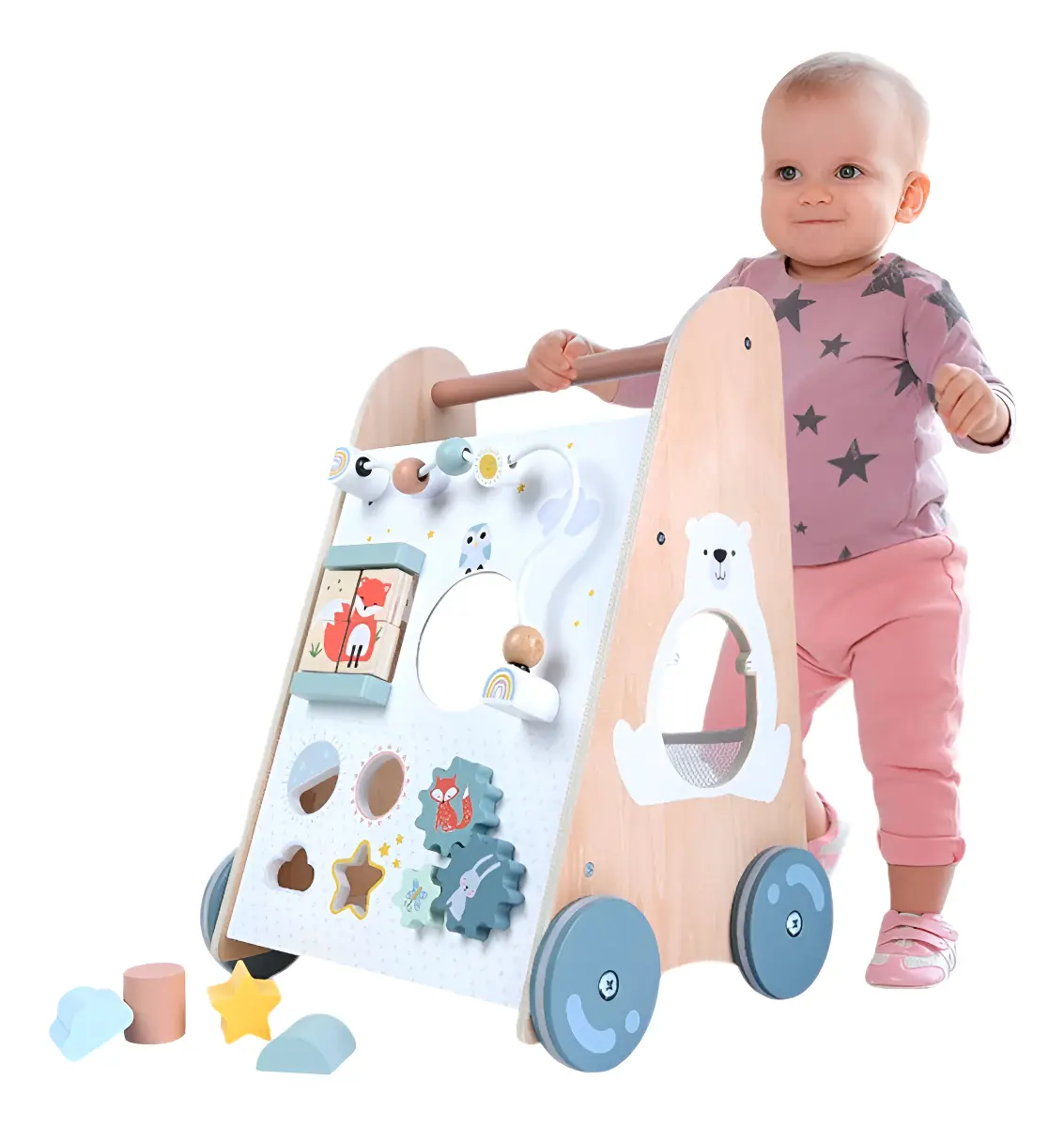 Andador y Caminador Didáctico de Madera Multisensorial Multi Actividades Interactivo Edufun Color Blanco