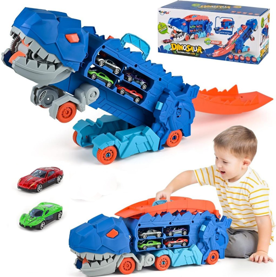 CAMION DINOSAURIO CON  2 AUTITOS