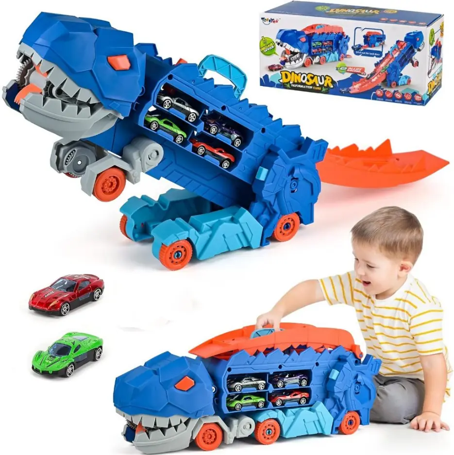 CAMION DINOSAURIO CON  2 AUTITOS