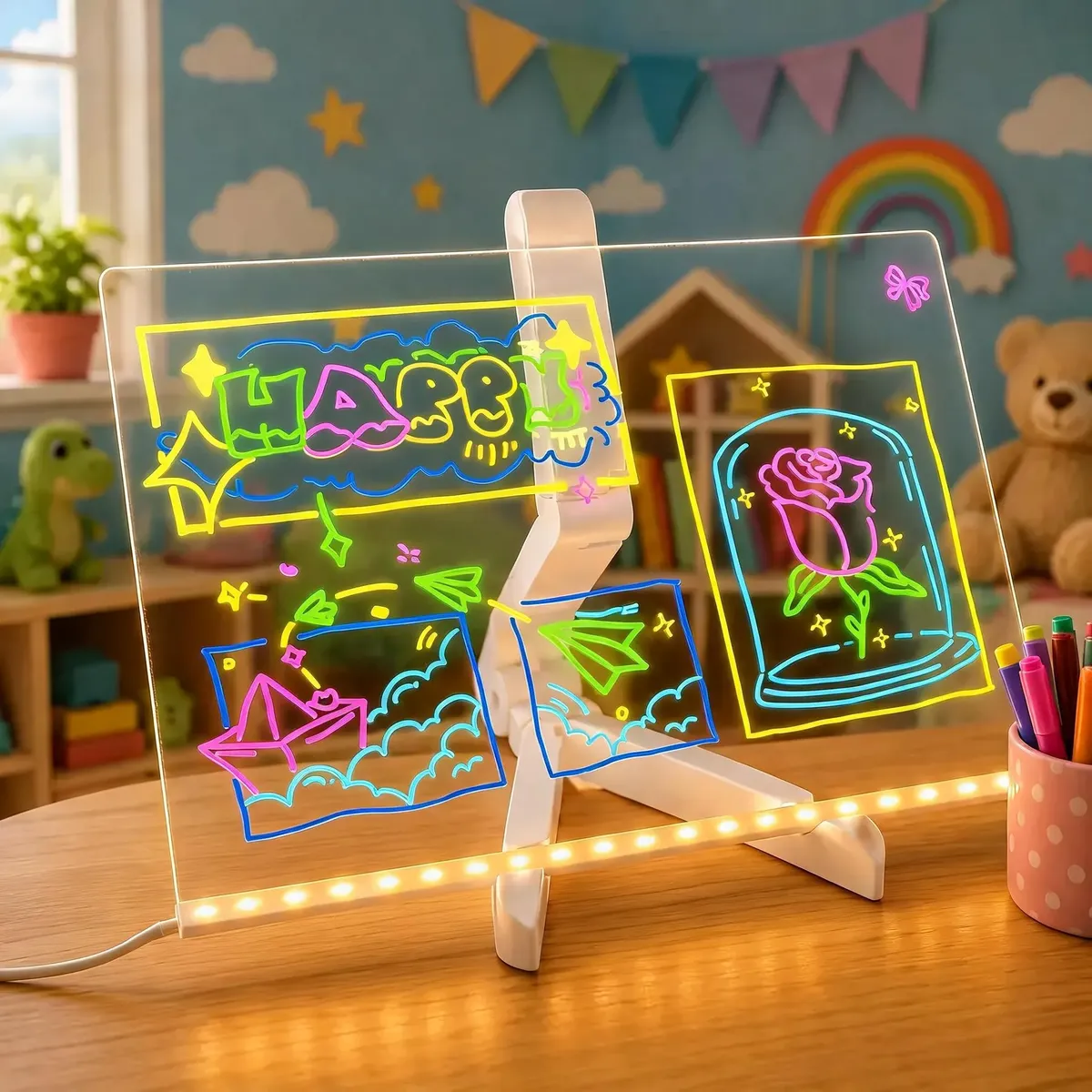 Pizarra Magica Tableta Luz Led Acrilico Marcadores Soporte