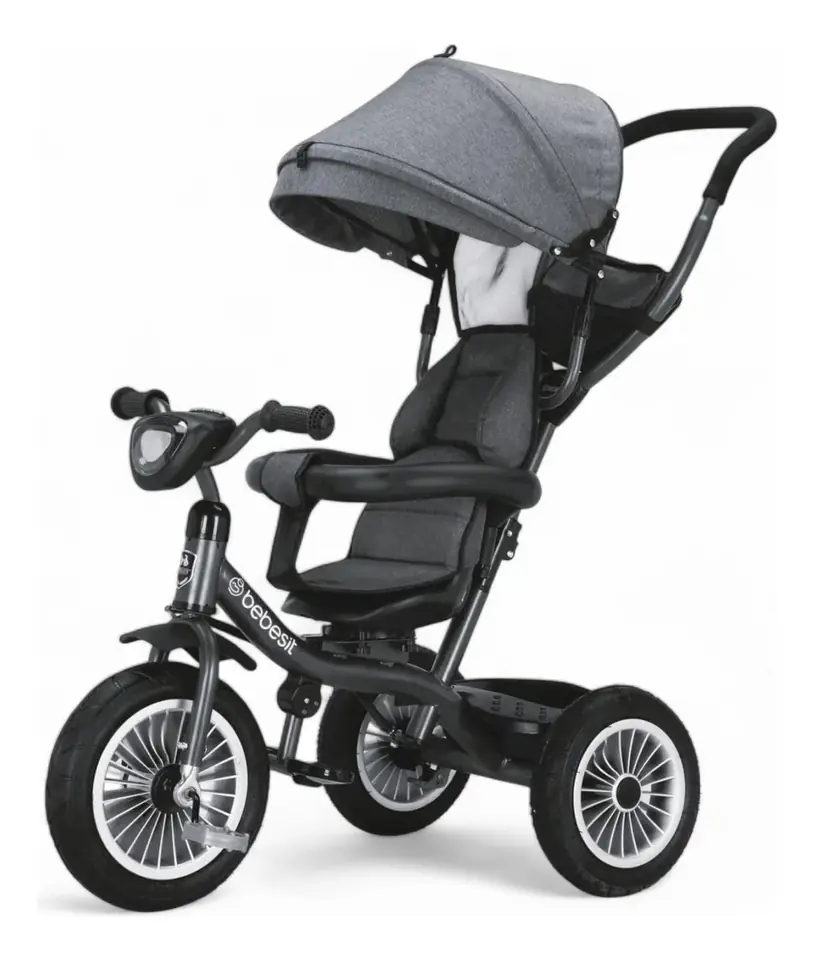 Triciclo 360° Bebesit Giratorio Barra Empuje 3en1 Capota Uv Color Gris oscuro