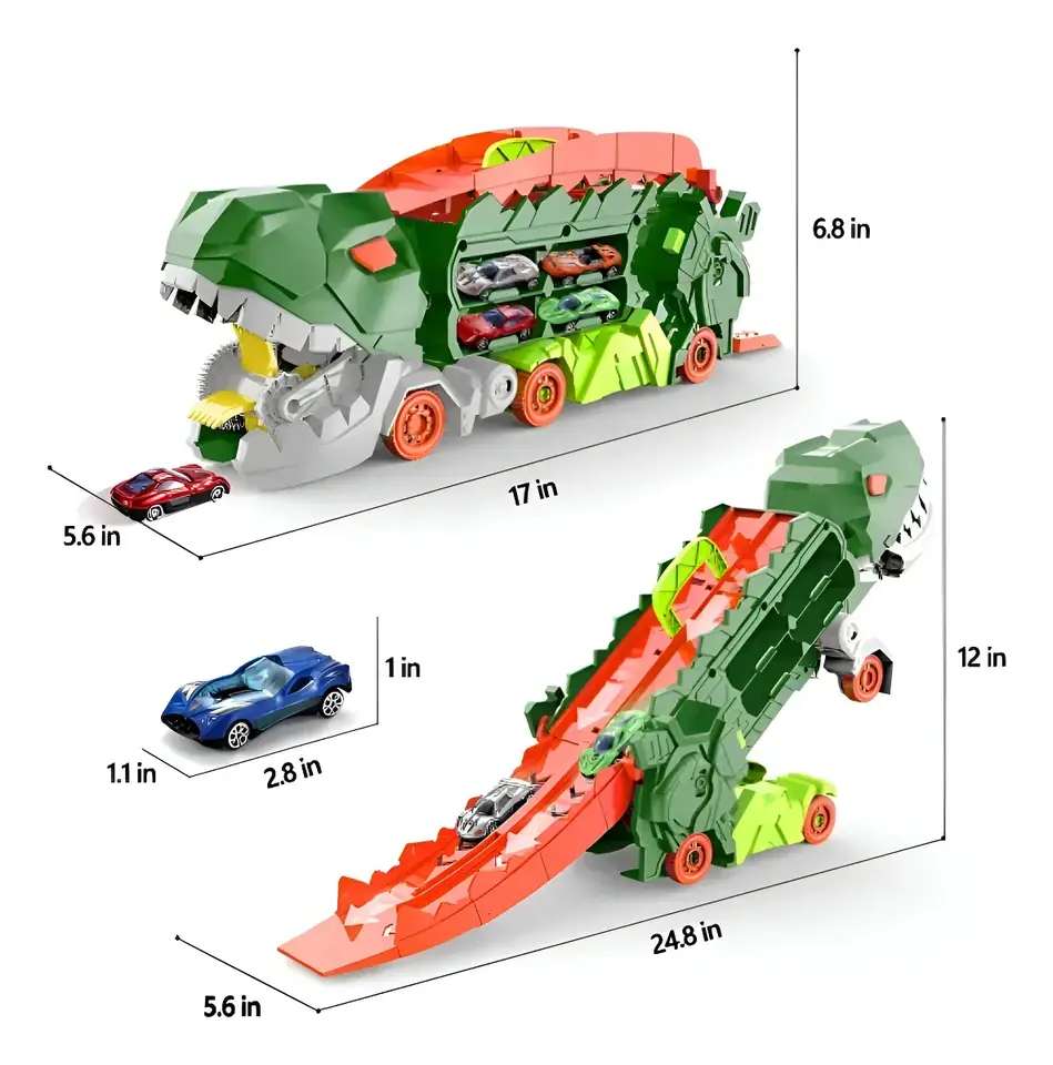 Set Dinosaurio Con Pista Luz Y Sonidos + 4 Autos Verde