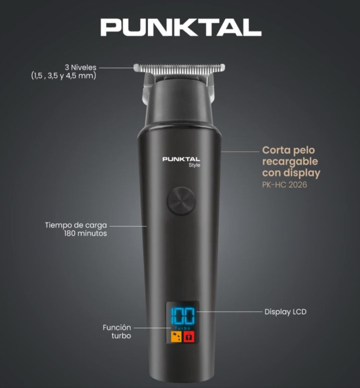Recorta Pelo Y Barba PUNKTAL PK-HC 2026 Digital Recargable 3 Accs. Color Negro
