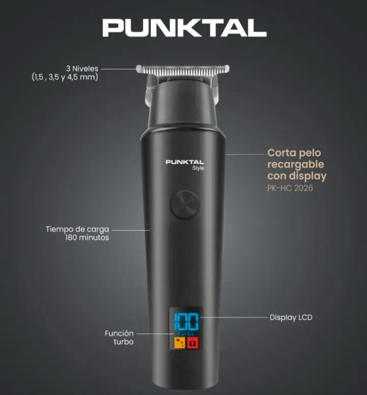 Recorta Pelo Y Barba PUNKTAL PK-HC 2026 Digital Recargable 3 Accs. Color Negro