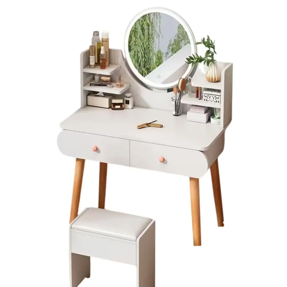 Tocador con Espejo Luz LED 2 Cajones y Taburete Blanco
