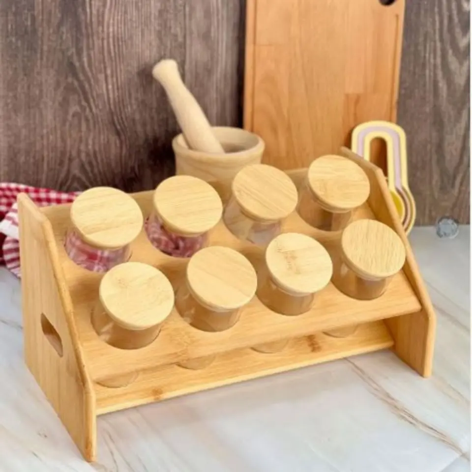 Recipientes de vidrio con tapa y soporte de madera