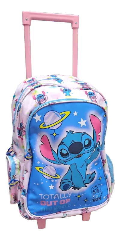 Mochila Stitch C/carro 40 Cm Rosa Con Celeste Stitch