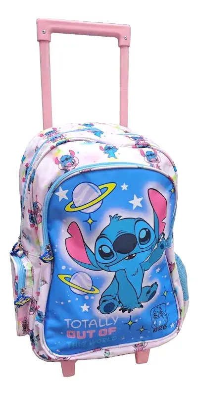 Mochila Stitch C/carro 40 Cm Rosa Con Celeste Stitch