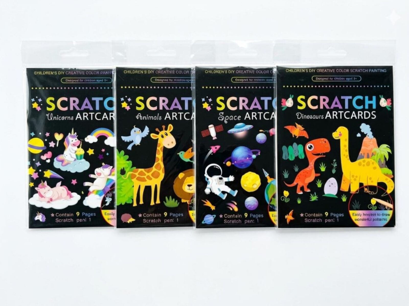 Juego Set Papel Esgrafiado Con 9 Láminas De Animales-Dinosaurio-Unicornio y el Espacio