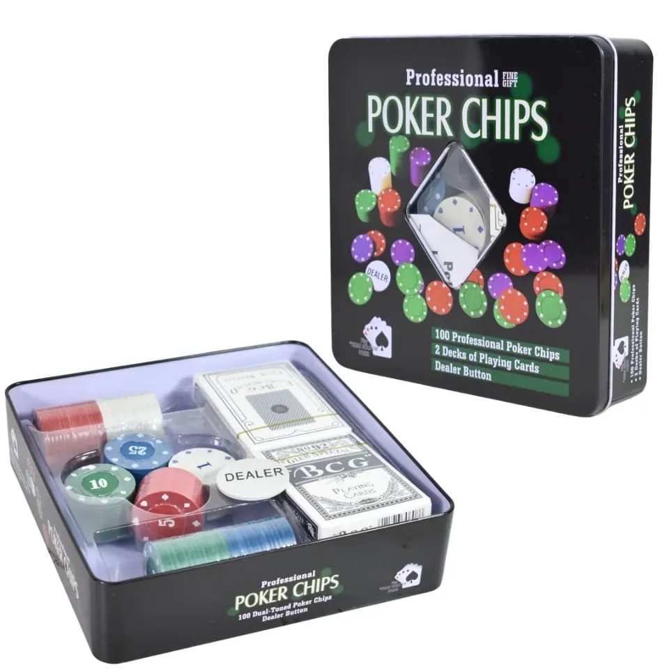 Poker Fichas X100 + 2 Mazos + Dealer En Lata