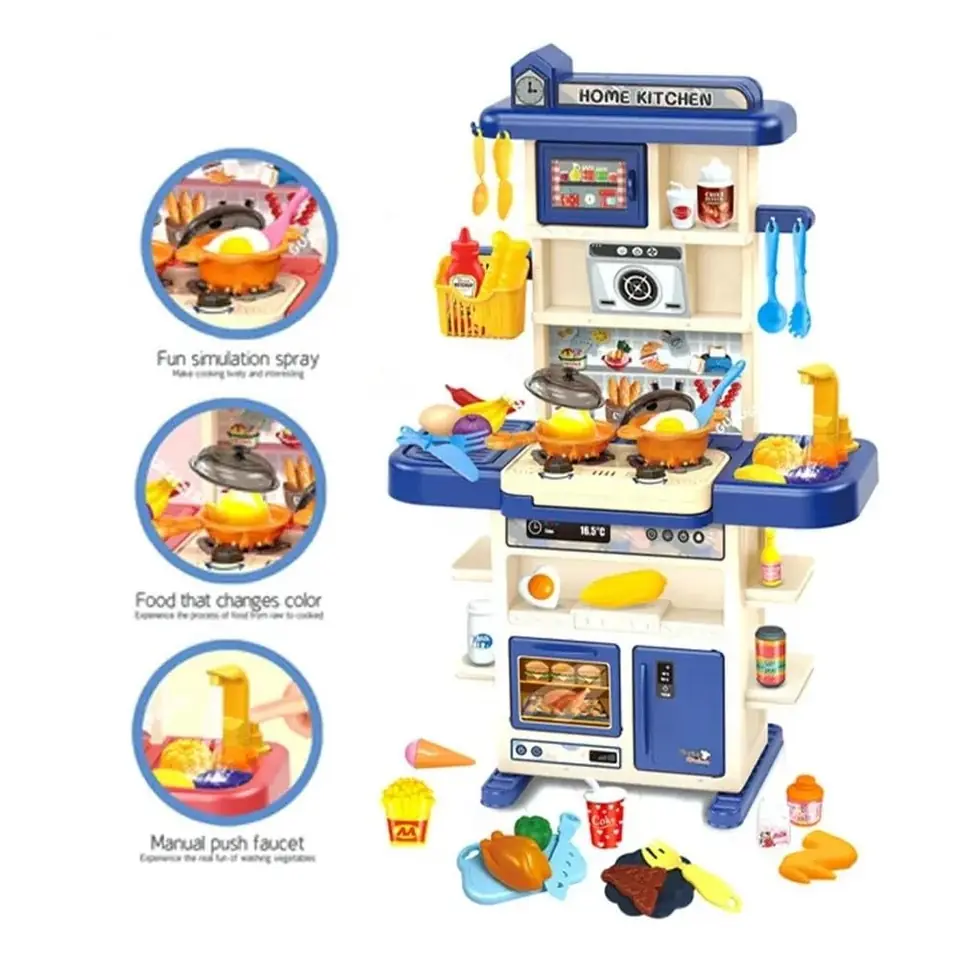 Juguetes Cocina Niños 43pzs 74cm Luz Sonido Agua Vapor Spray Azul