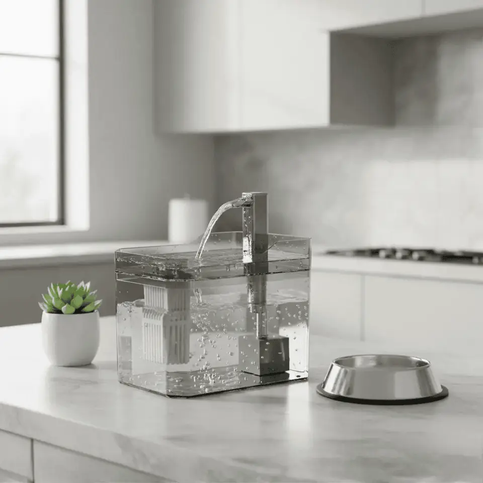 Bebedero fuente de agua con filtro y canilla. 1,5L (Transparente)