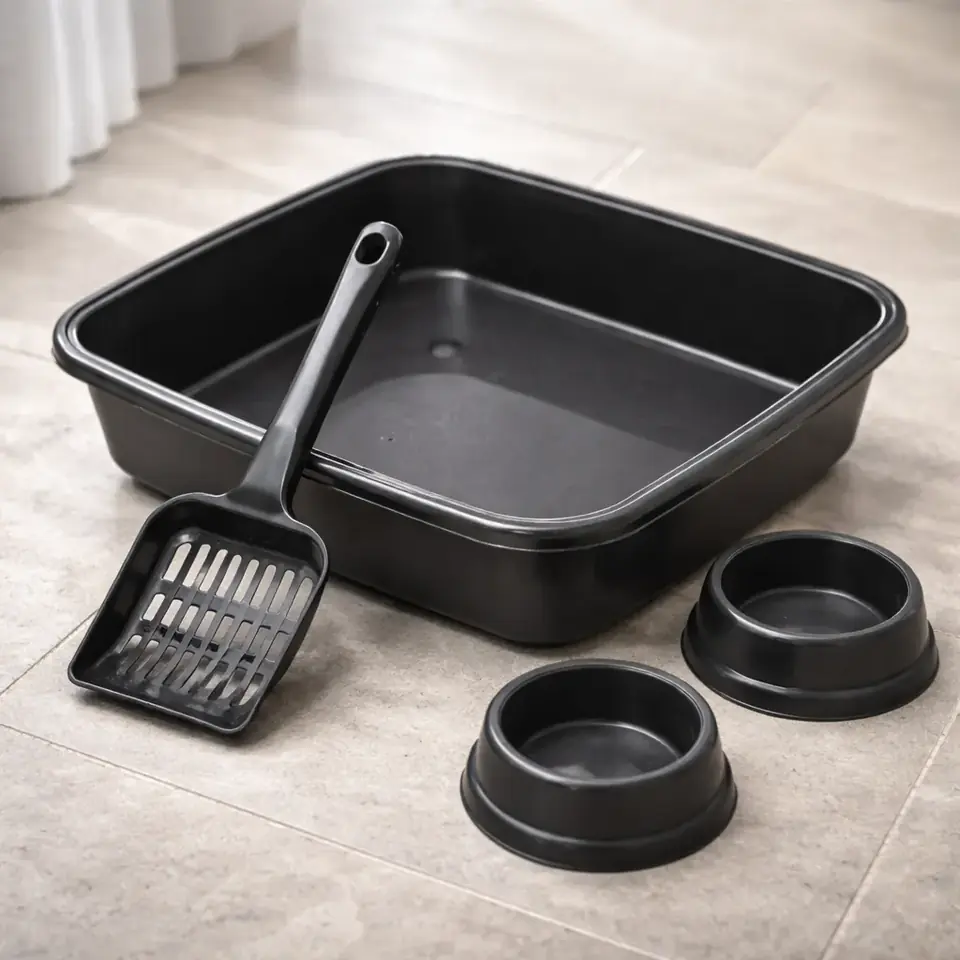 Kit bienvenida! Bandeja sanitaria + 2 platos + pala plástica (Varios colores)