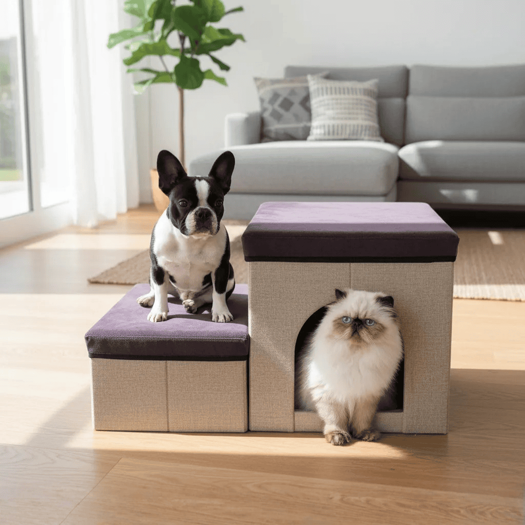 Escalera plegable 3 en 1. Con baúl y cucha con almohadón (Beige + Violeta)