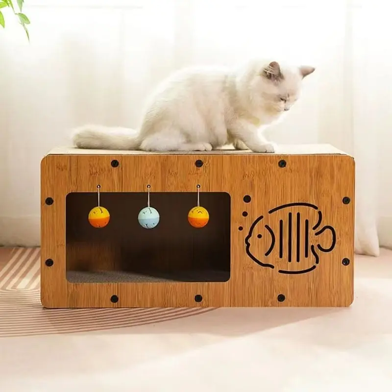 Rascador casa de madera cama para gatos con 3 pelotas