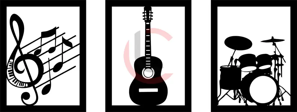 Cuadro tríptico clave de sol, guitarra y batería
