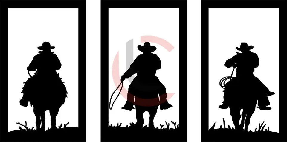 Cuadro tríptico tres jinetes cowboy