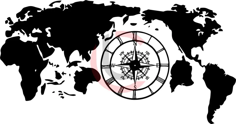 Cuadro mapamundi con reloj rosa de los vientos