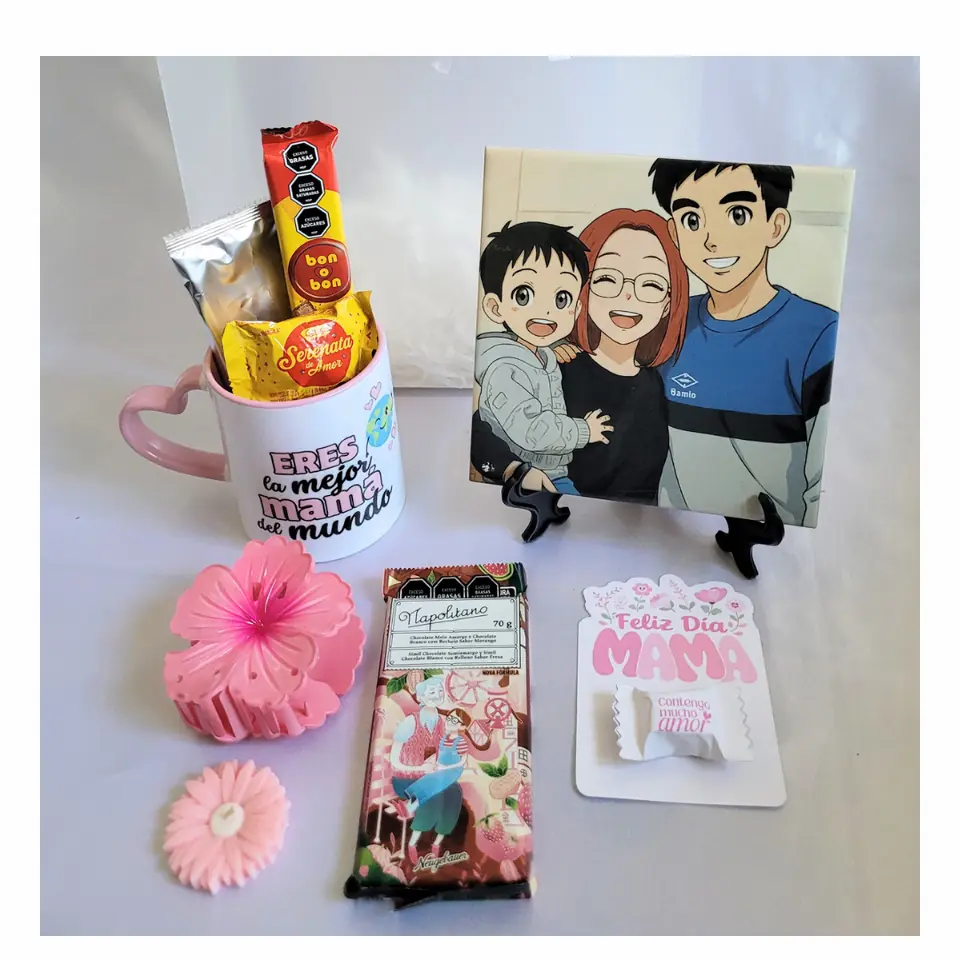 BOX TAZA CON ASA DE CORAZÓN + AZULEJO + GOLOSINAS - DÍA DE LA MADRE