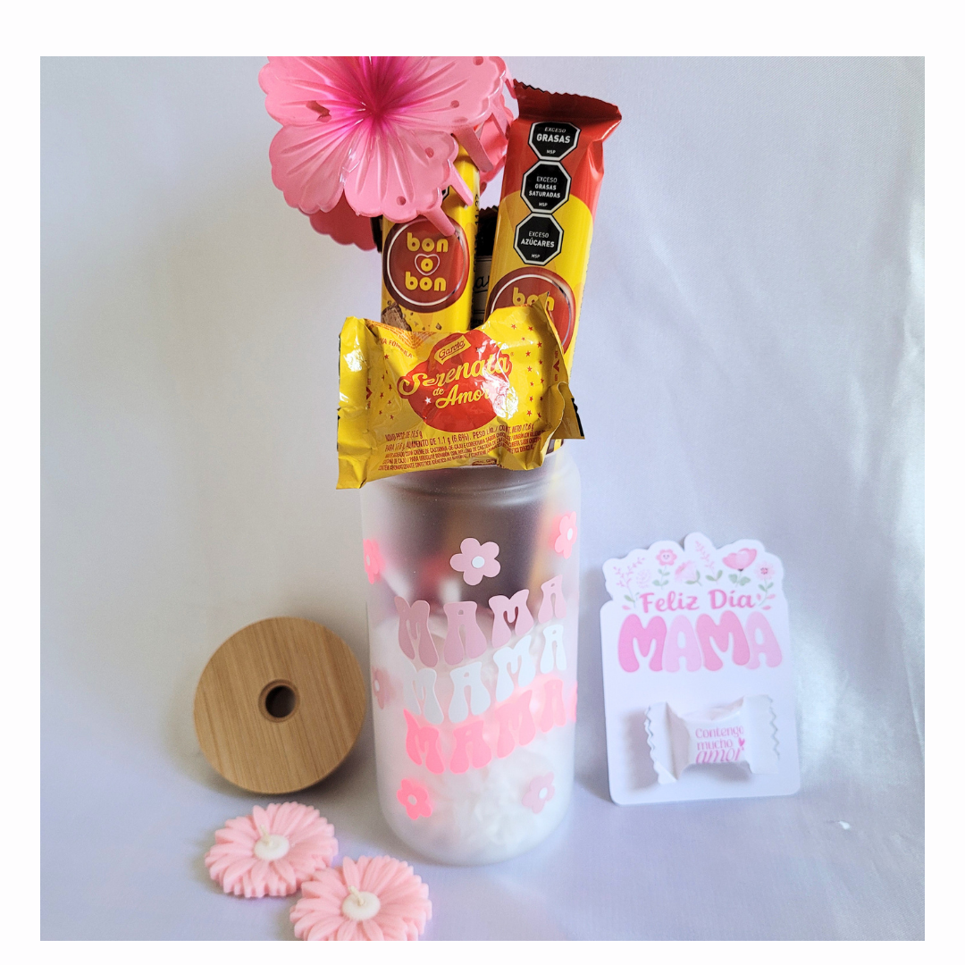 BOX VASO DE VIDRIO CON TAPA DE BAMBÚ + BOMBONES  - DÍA DE LA MADRE
