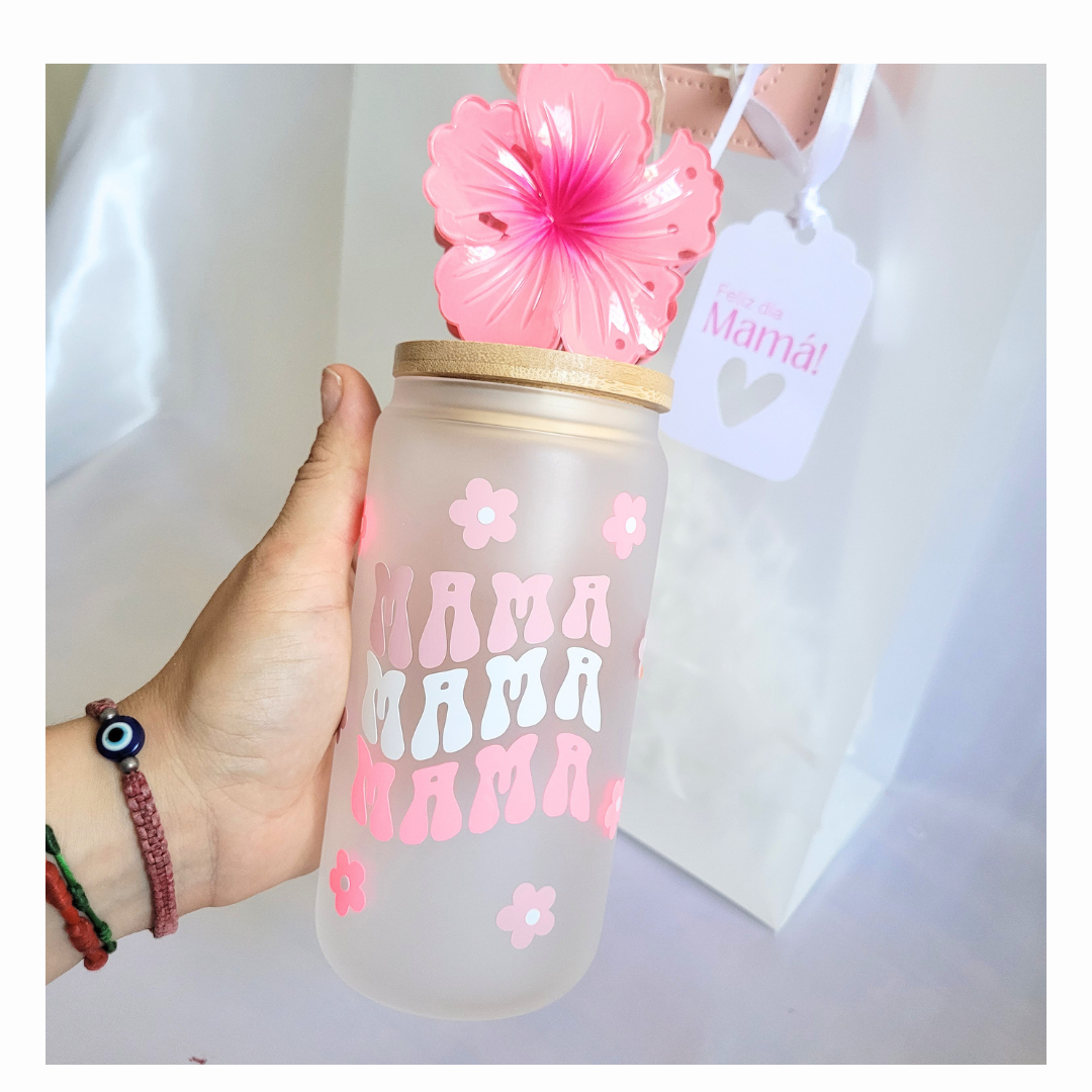 VASO DE VIDRIÓ CON TAPA DE BAMBÚ - DÍA DE LA MADRE