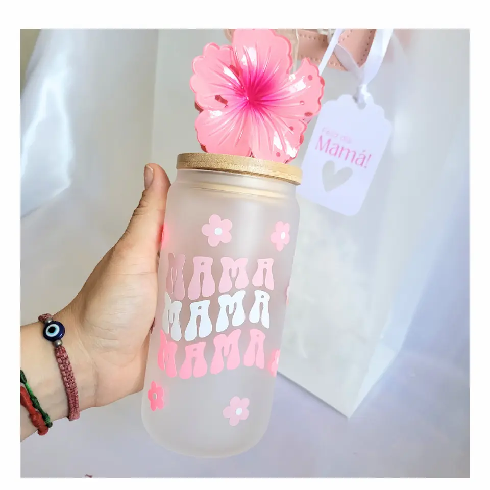 VASO DE VIDRIÓ CON TAPA DE BAMBÚ - DÍA DE LA MADRE