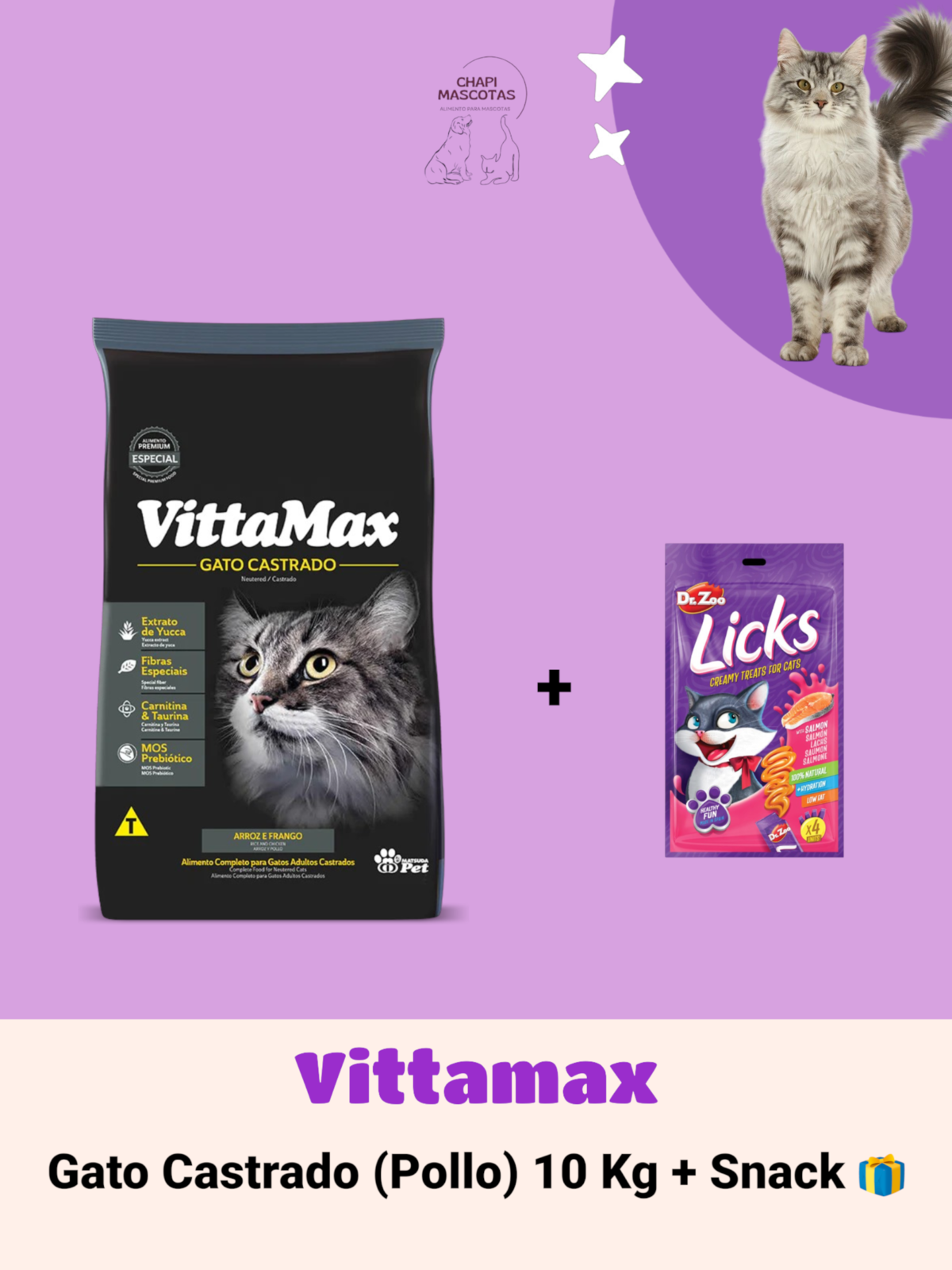 VITTAMAX GATO CASTRADO (pollo) 10 KG + SNACK 🎁