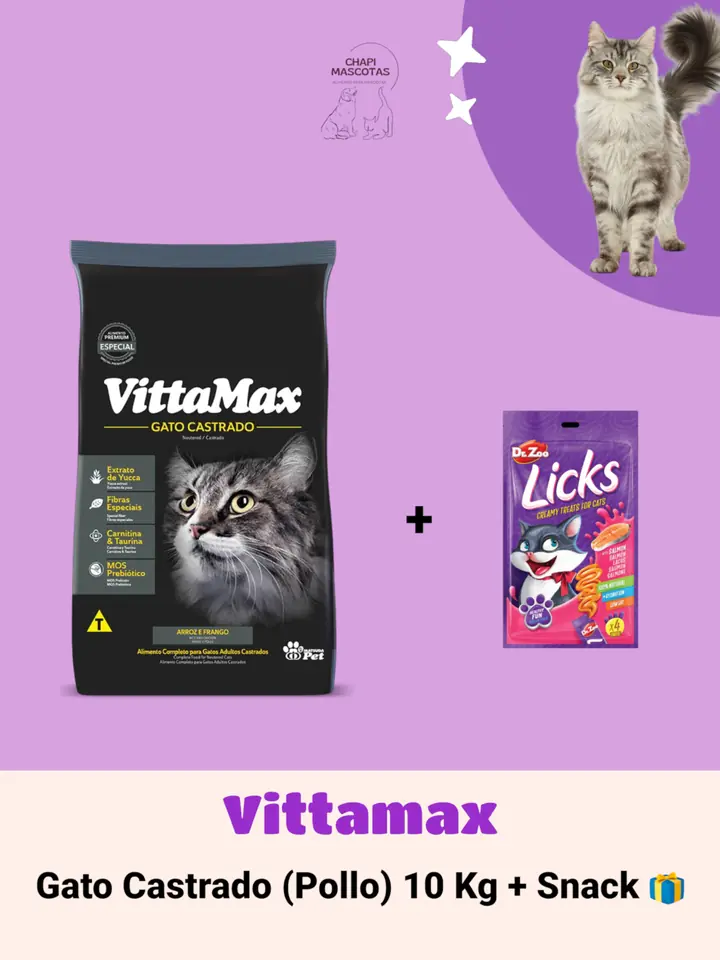 VITTAMAX GATO CASTRADO (pollo) 10 KG + SNACK 🎁