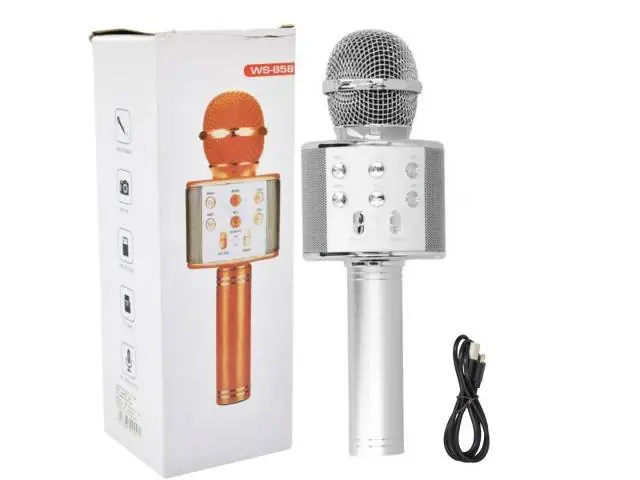 Micrófono parlante karaoke bluetooth 22x7cm. Plateado