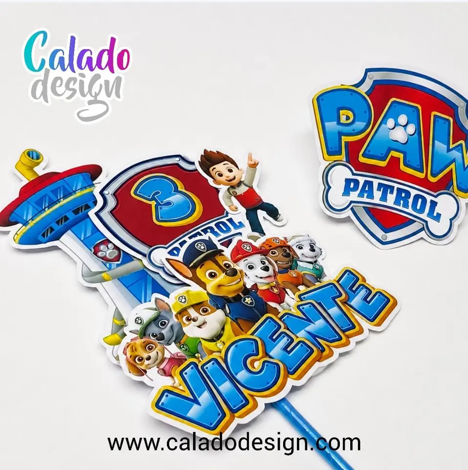Paw Patrol nombre + edad en capas + escudo para frente de torta