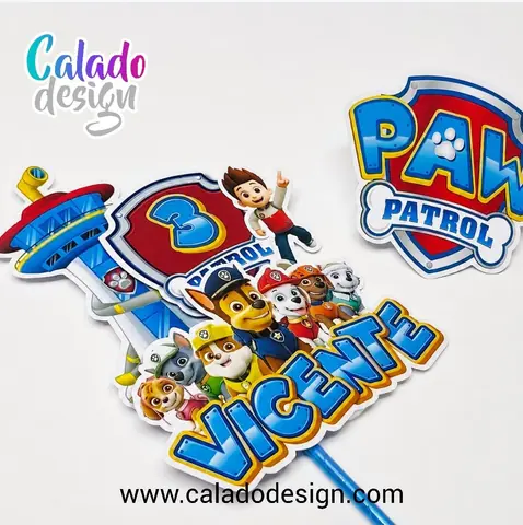 Paw Patrol nombre + edad en capas + escudo para frente de torta