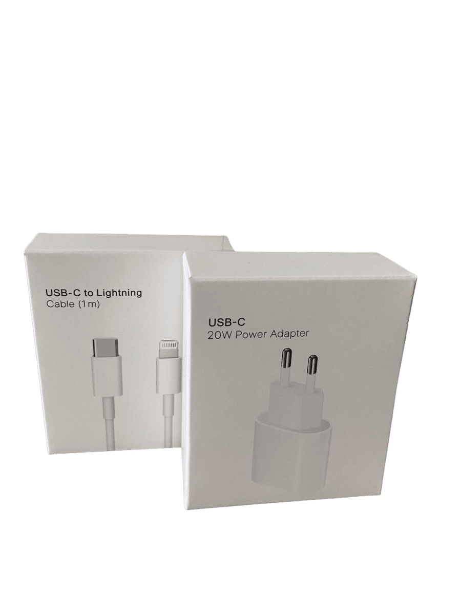Adaptador de 20 W + Cable tipo C - Lightning o tipo C.