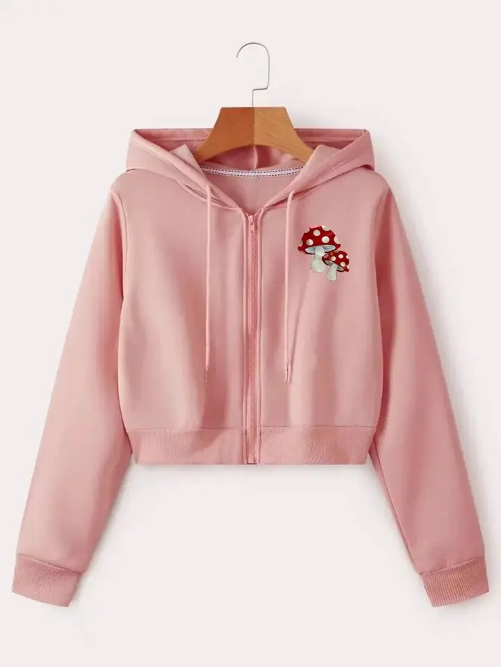 Campera crop top rosa salmón con hongos