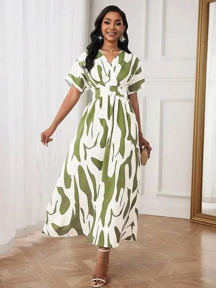 Vestido largo blanco ondas verdes claro