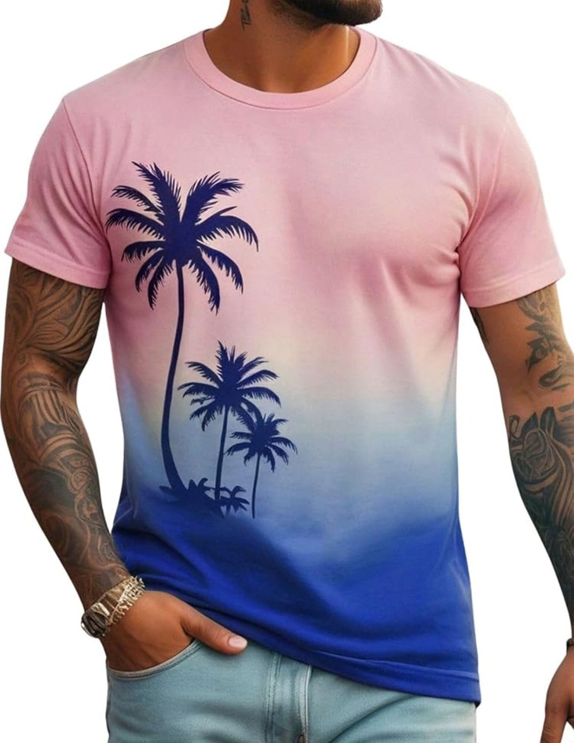 Remera en degrades rosa y azul con palmeras