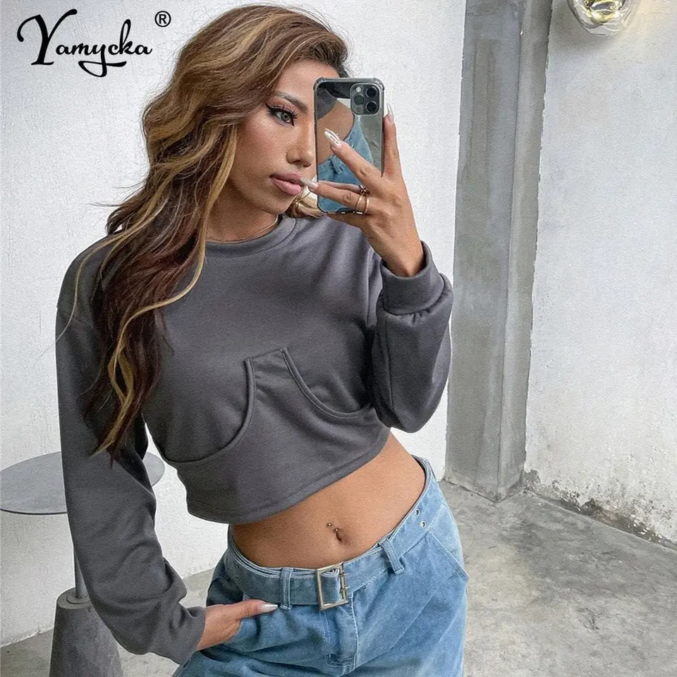 Buzo gris sin felpa crop top