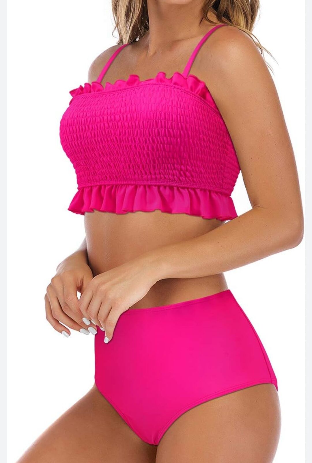 Bikini fucsia fruncido y volados arriba