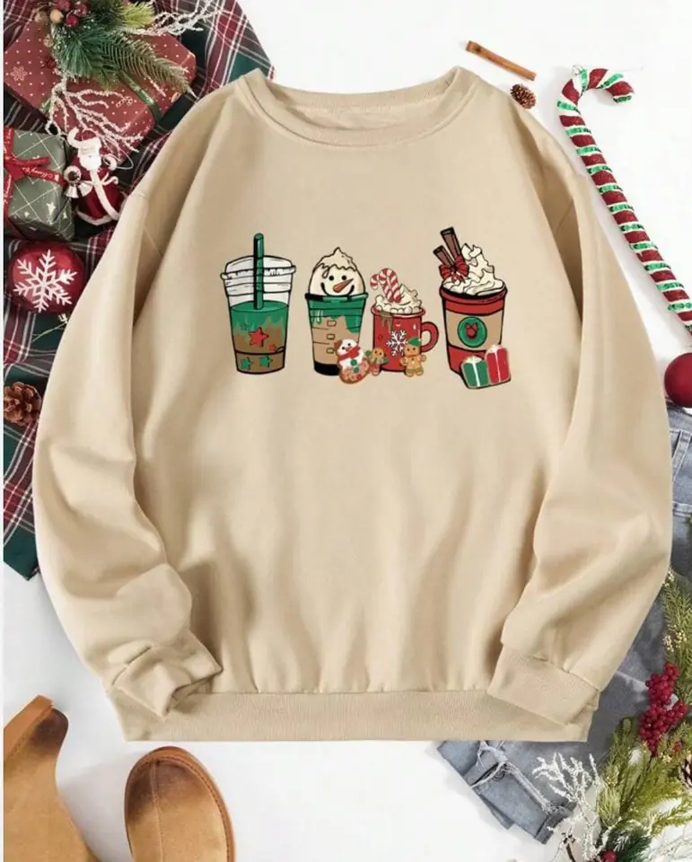 Buzo beige diseño vasos navideños