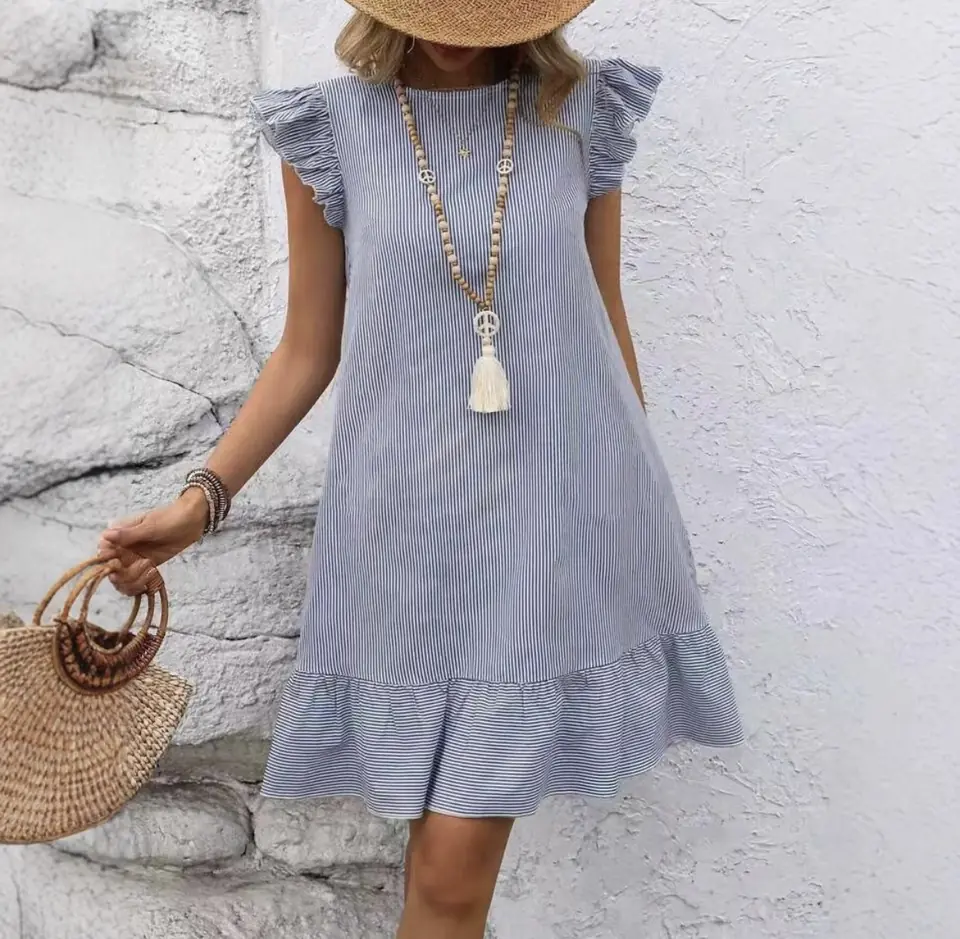 Vestido a rayas celeste moño en espalda