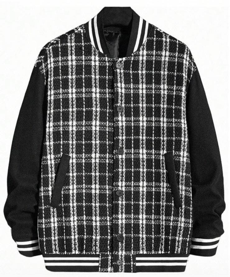 Chaqueta tipo universitaria negra a cuadros