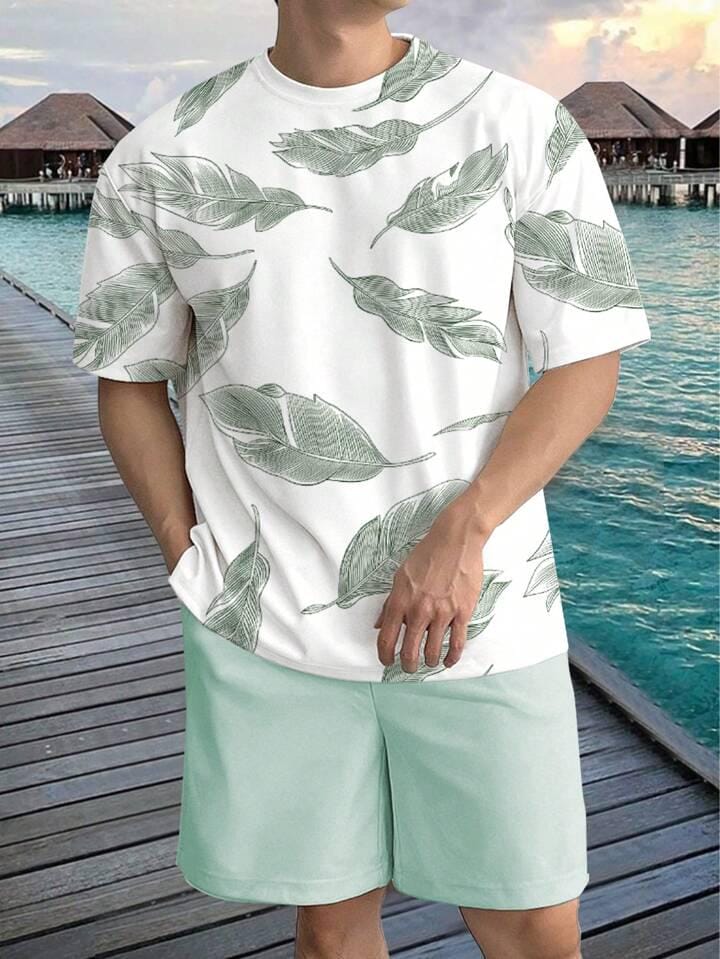 Remera blanca hojas verdes hombre