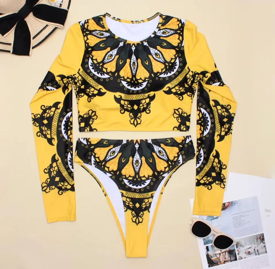 Bikini manga larga amarillo con diseños