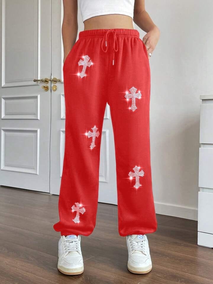 Pantalón jogger rojo cruces de brillos