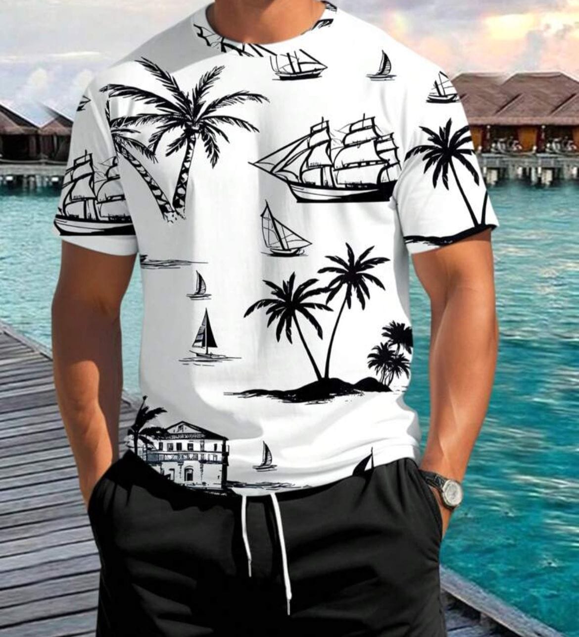 Remera blanca barcos y palmeras en negro