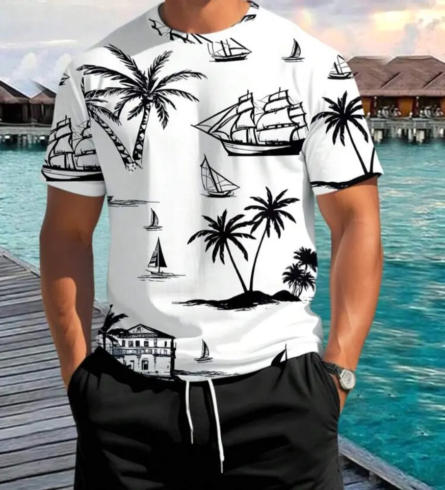 Remera blanca barcos y palmeras en negro