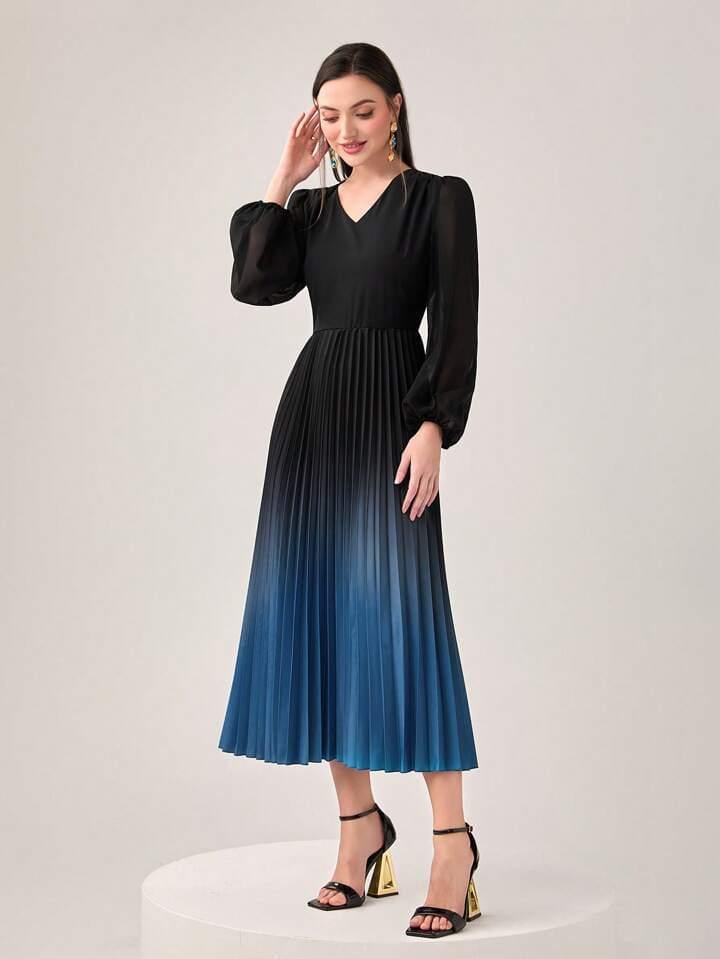 Vestido largo negro degrade azul con pliegues